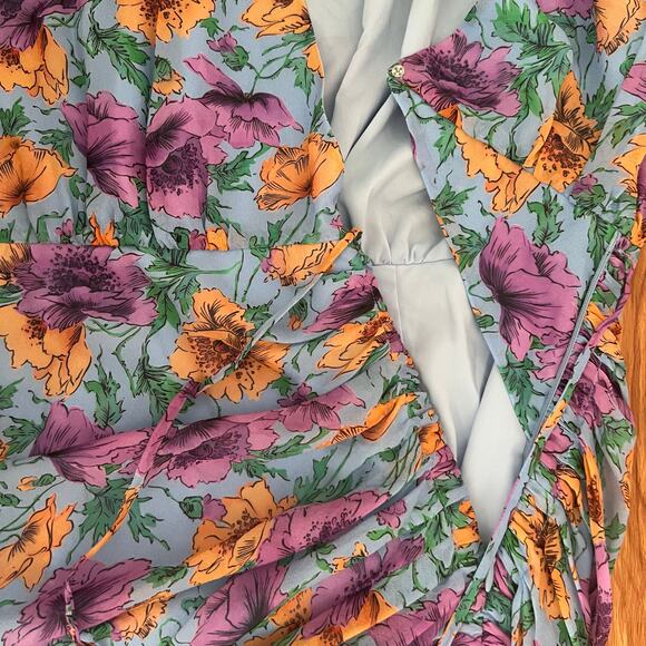 Veronica Beard Silk Sean Ruched Floral Mini Dress In Lake Blue Multi Size 0 - Picture 13 of 16